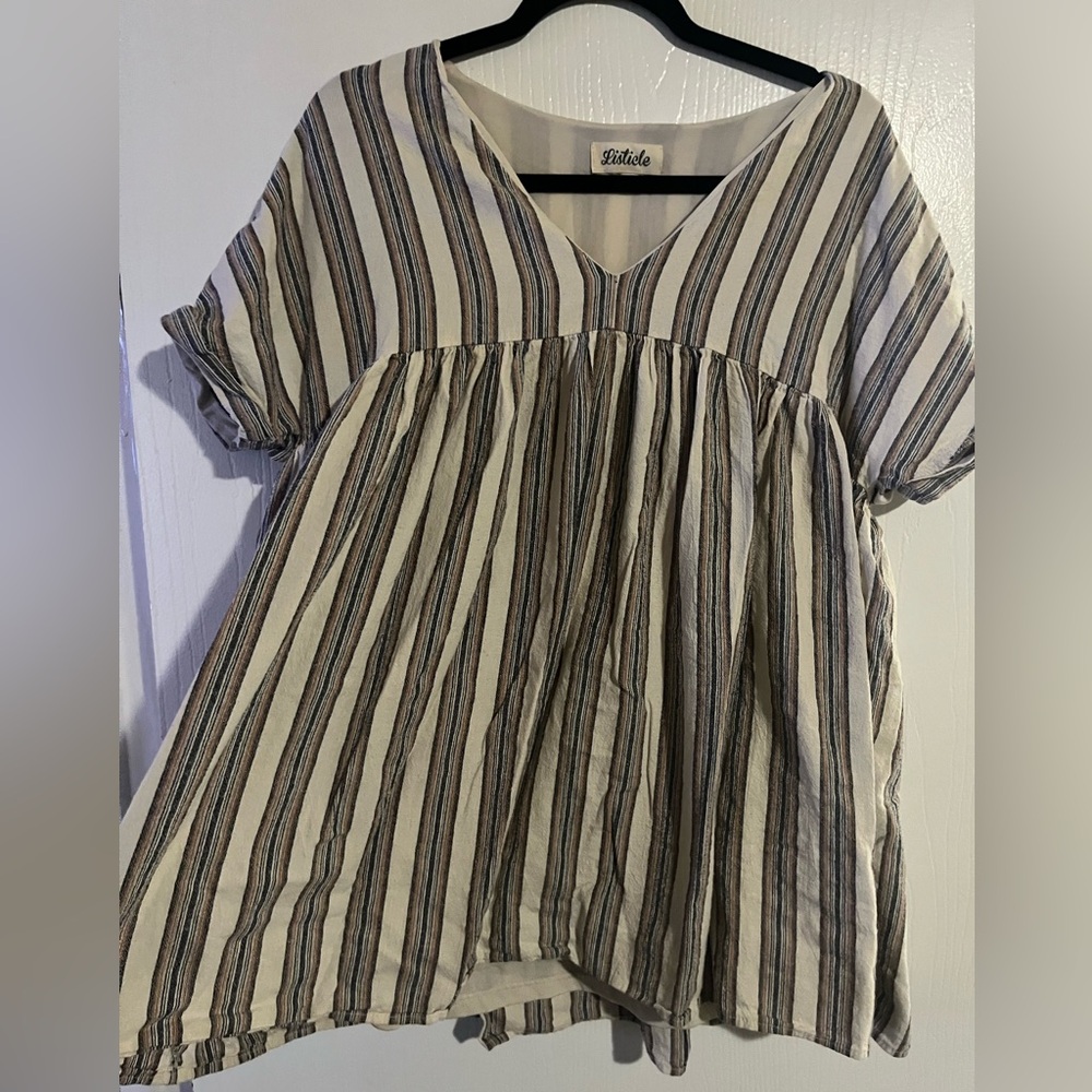 Listicle Striped V-Neck Blouse - Black and Cream